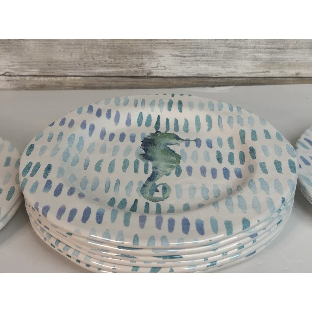 10 Pc Coastal Nautical Melamine Plate Set Seahorse Theme by tag Living